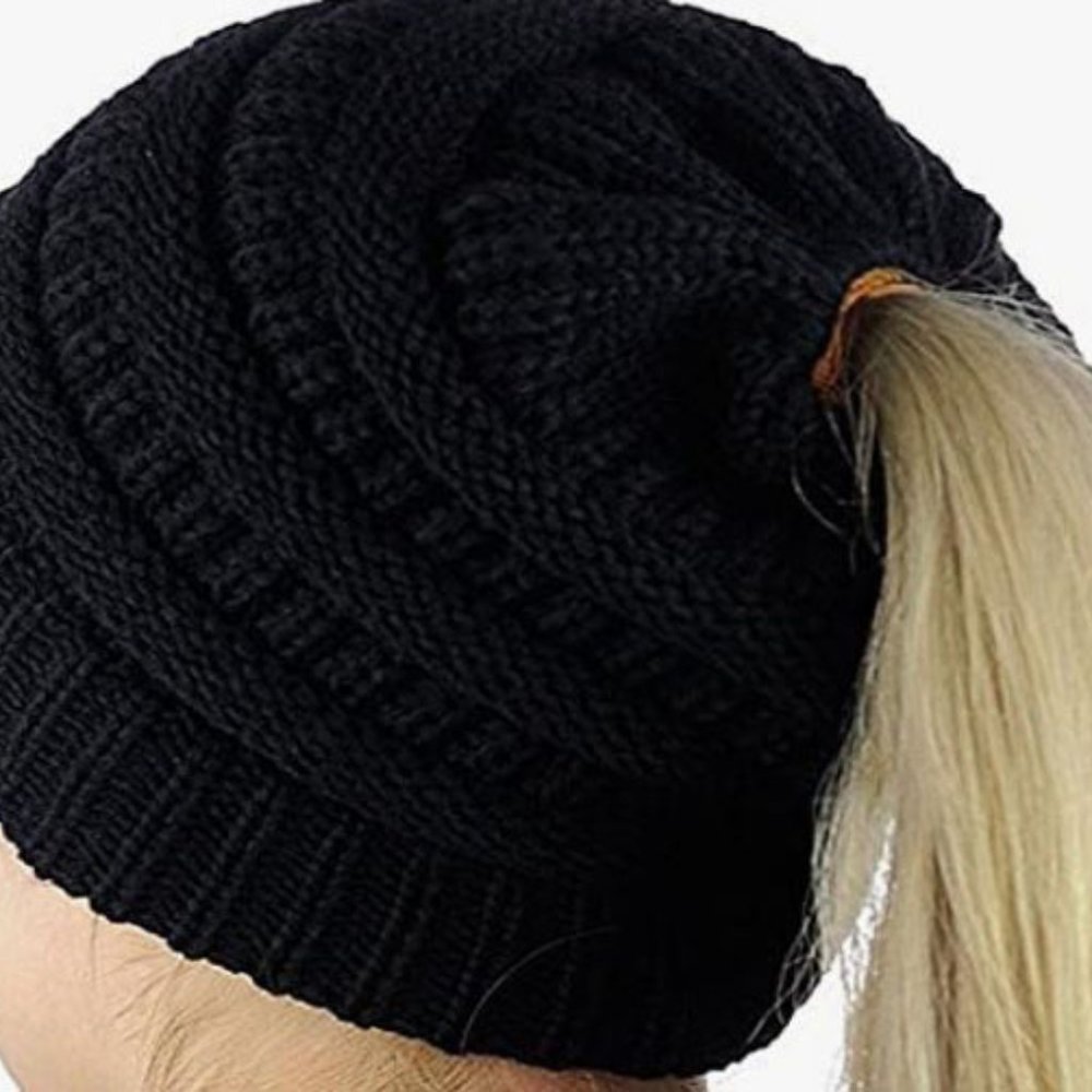 Black Knit Ponytail Beanie Hat